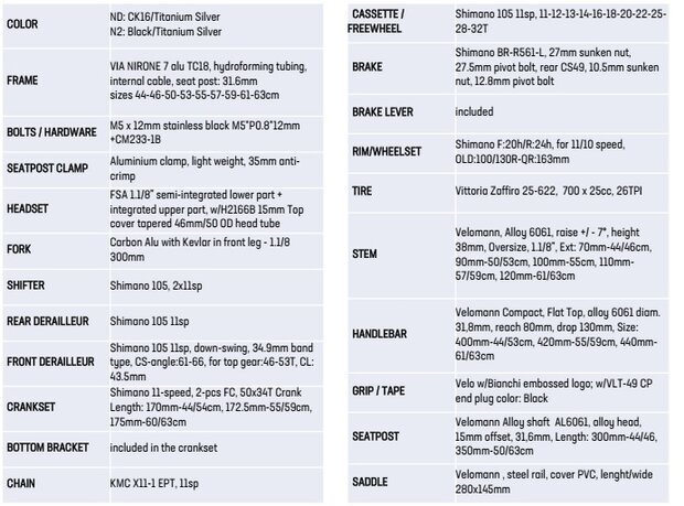 Bianchi Via Nirone - 105 11sp specs